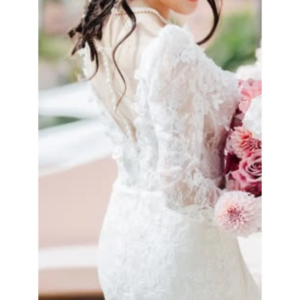 Lace Wedding Dress Floral Applique Long Sleeve Bridal Gown Mermaid‎